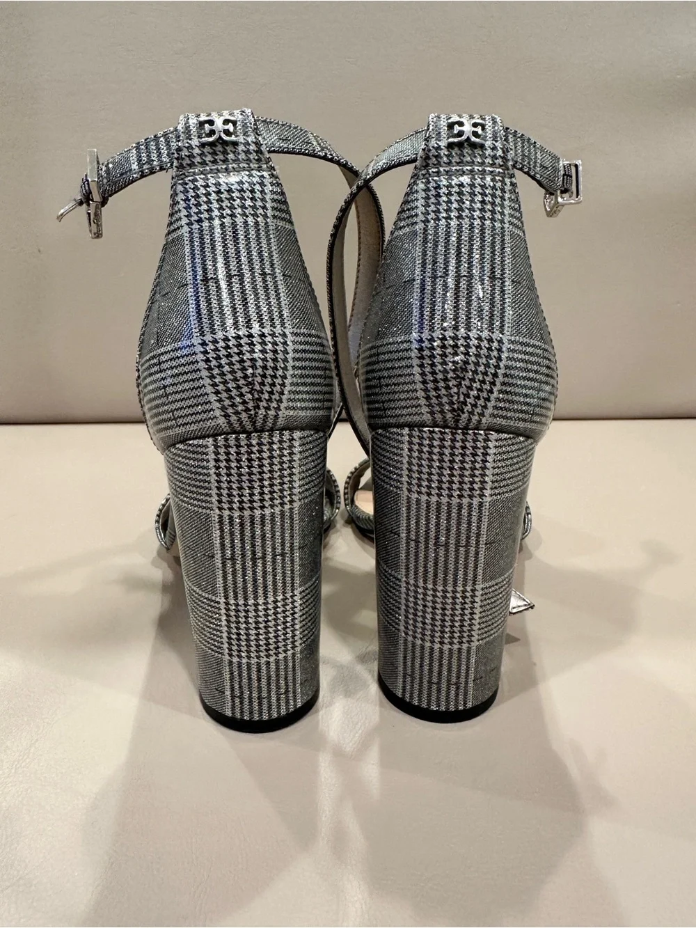 Sam Edelman Gray Plaid Block-Heel Ankle Strap Sandals
